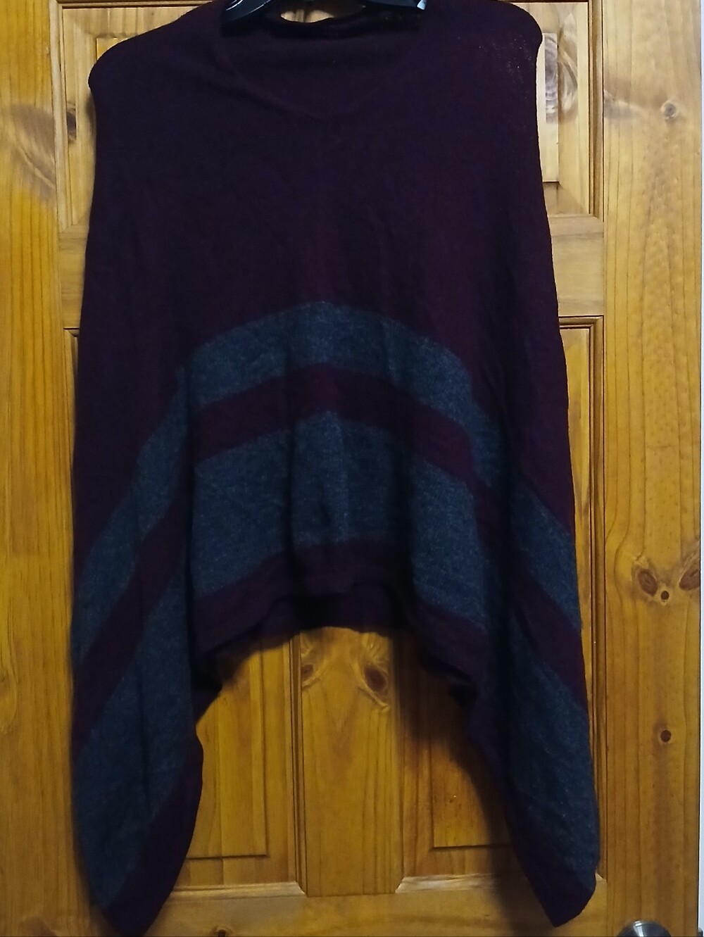 Celeste Burgundy and Gray Striped Poncho Sweater In Wool And Cashmere